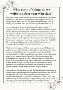 Every first-year WRI class is a little bit different. We know, we know–we’ve said that a lot. But despite the differences, one thing that is true of any writing class at WFU is that you will practice several different kinds of writing, and will think about how and why they are different as you do.  Also, all the writing classes are designed around specific topics, or “themes,” and you will get to choose the topic that most interests you. One writing class might be about queer narratives in popular culture, another about fashion, another about the prison industrial complex, another about AI, another about the rhetorics of music. These variations are expressions of our program’s interdisciplinarity, the rich and complex field of Writing Studies, and your professor’s particular passions and expertise. Find a full list of the themes and descriptions being offered next semester at <writingprogram.wfu.edu> under the “courses” tab. The kinds of writing you will do, the conversations you will take part in, and research you will undertake, will be different depending on the theme. Students in two different WRI 111 classes, for instance, might find themselves with very different assignments: a student in one writing class might write a personal narrative about how they use language in the communities they grew up in, while a student in another writing class might write and record a podcast about how to build communities of color in SIMS online. Or build a digital archive of oral histories of first year students going through the rush process in fraternities. Or revise the website for a local animal shelter their class partners with. Or . . . As you write in different ways, you will practice skills that will be useful in other academic writing you will do throughout your college study. You will also probably write about writing: you may reflect on your own development as a writer in a discussion board post, or write a cover letter addressed to your professor about what you think is going well and what challenges you faced in a particular piece of writing, for instance.